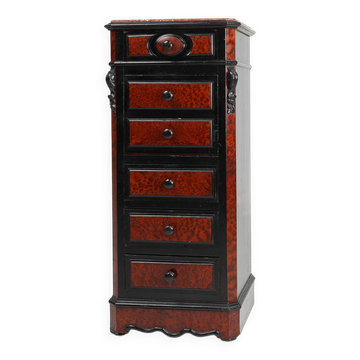 Rare Antique French chest of drawers in wood, burl veneer and marble, ca. 1