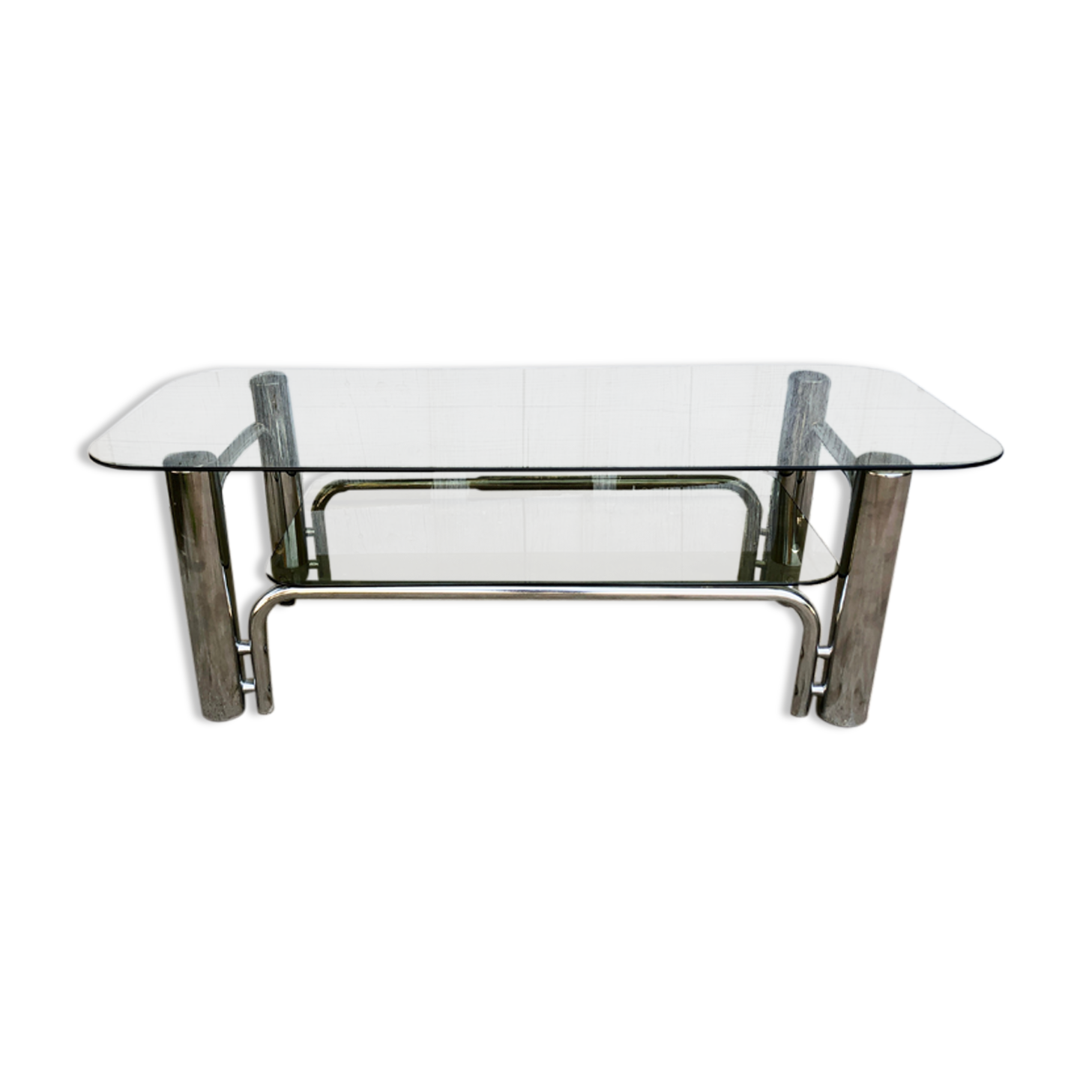 Coffee table chrome tubes and smoked glasses 1970