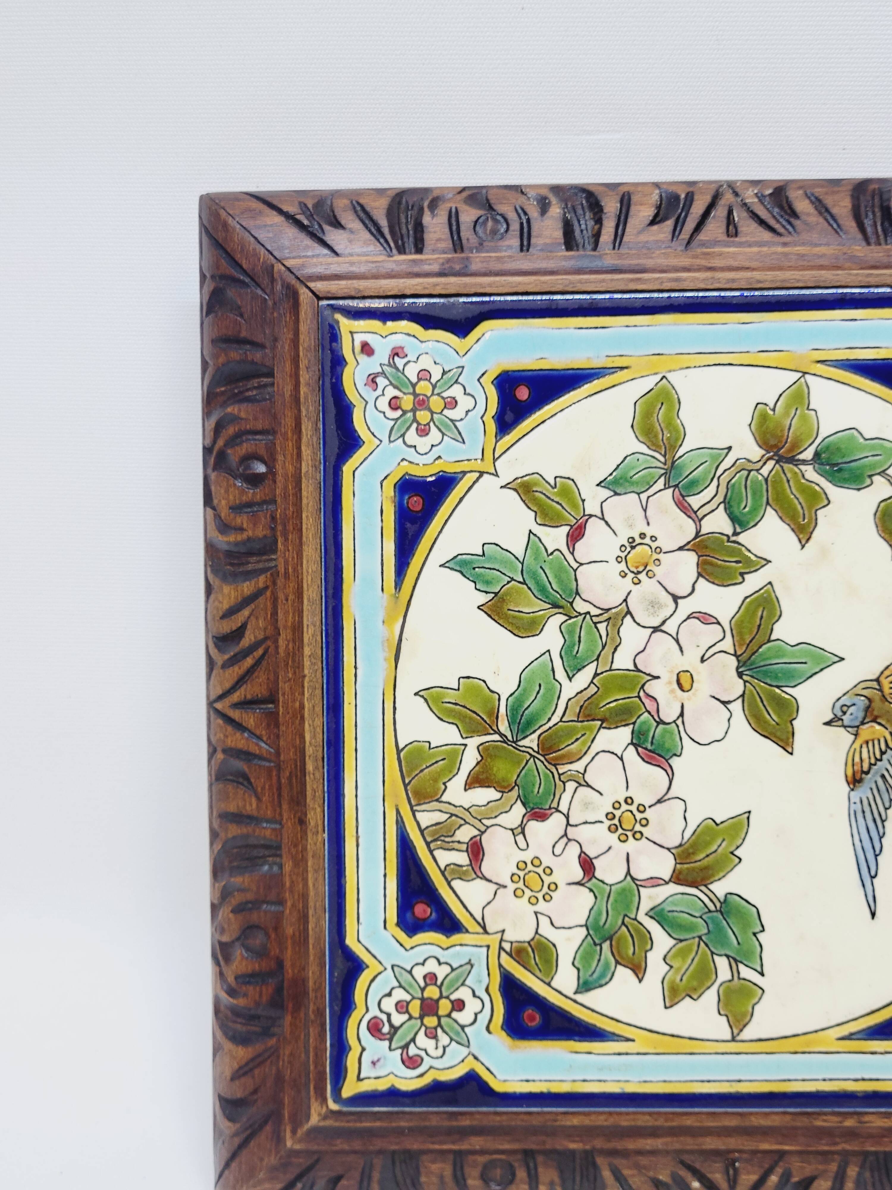 Longwy Trivet with Doorbell, Glazed Earthenware Tile and Wooden Frame