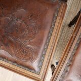 Set of 4 Louis XVI style chairs in carved wood and embossed leather.
