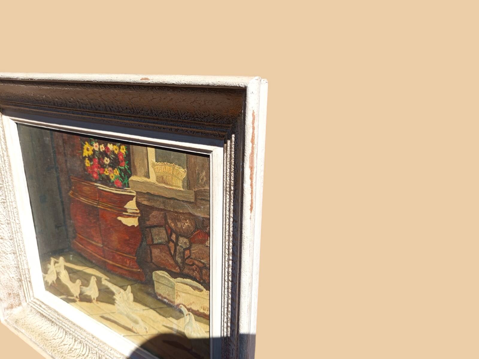 Signed Alphadery Painting – Doves in a Sunlit Courtyard, Antique Frame