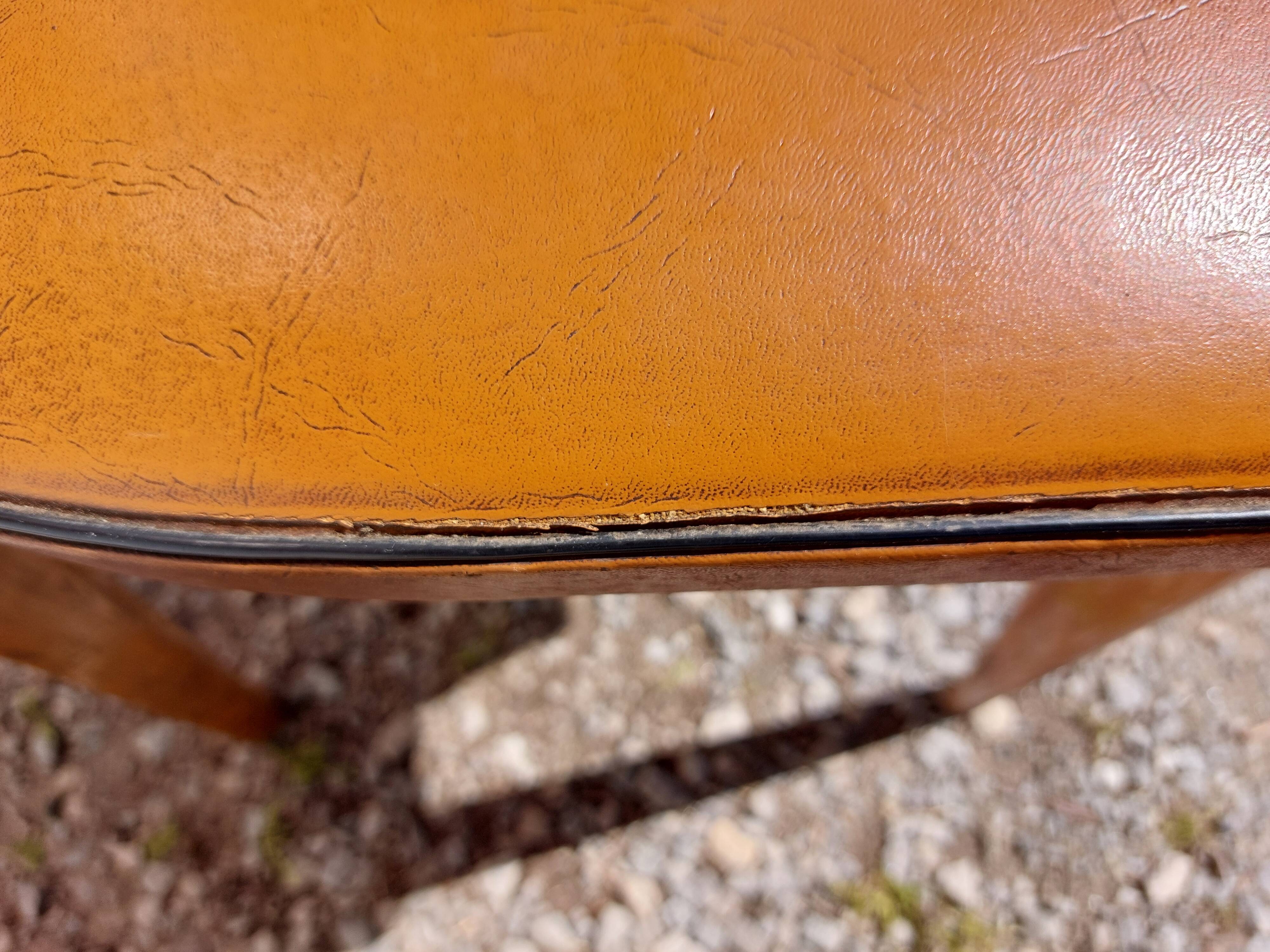 6 vintage 1960s wooden bistro chairs with camel faux leather.