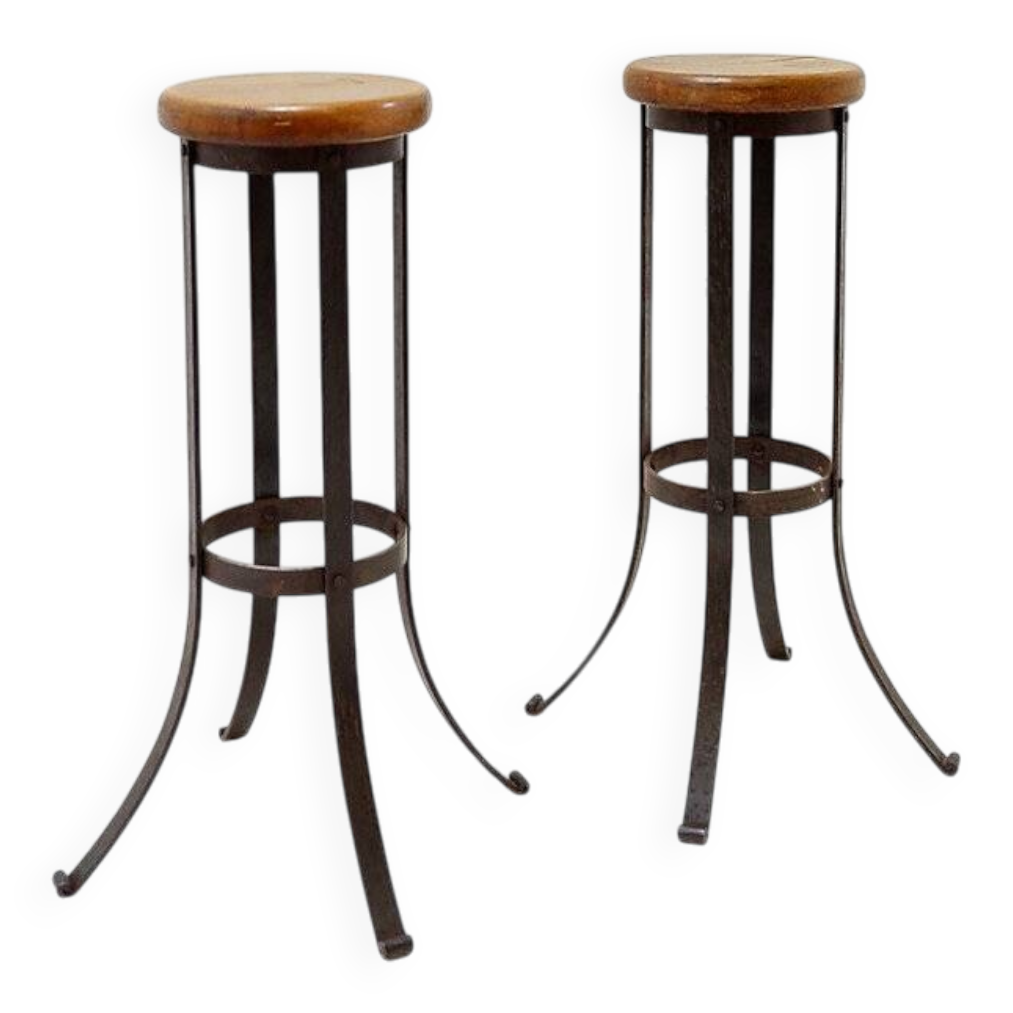 Paire de tabourets de bar brutalistes en chêne et fer forgé, années 1960
