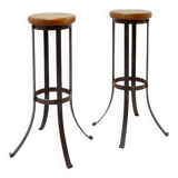 Paire de tabourets de bar brutalistes en chêne et fer forgé, années 1960