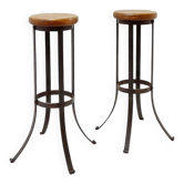 Paire de tabourets de bar brutalistes en chêne et fer forgé, années 1960
