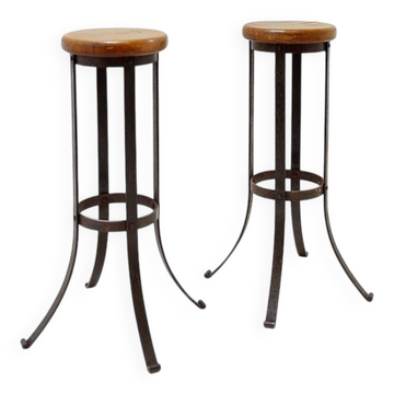 Pair of brutalist bar stools in oak and wrought iron, 1960s