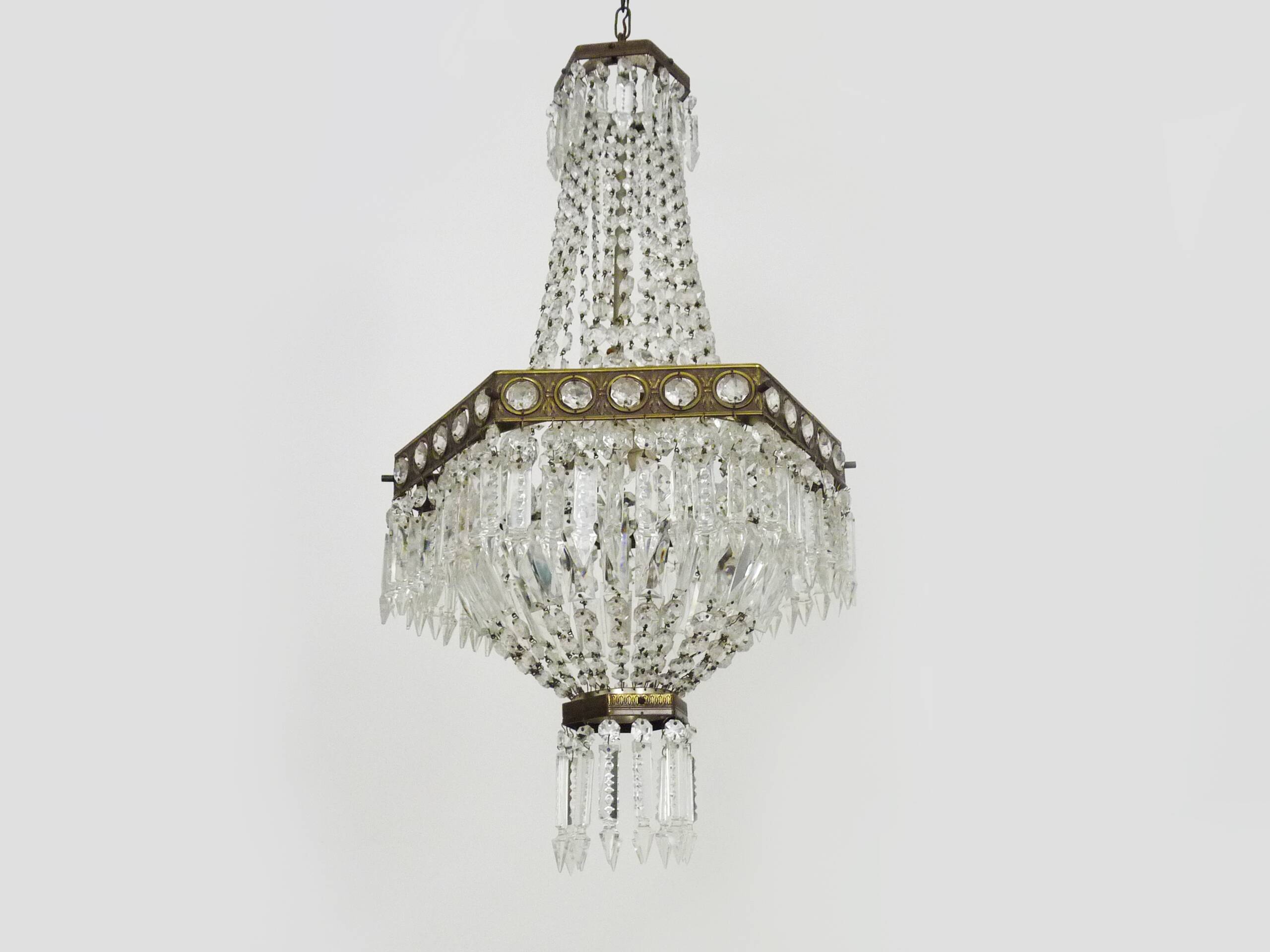 Old large 3-light hot air balloon chandelier in bronze, glass pendants.