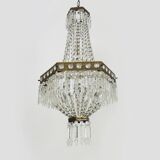 Old large 3-light hot air balloon chandelier in bronze, glass pendants.