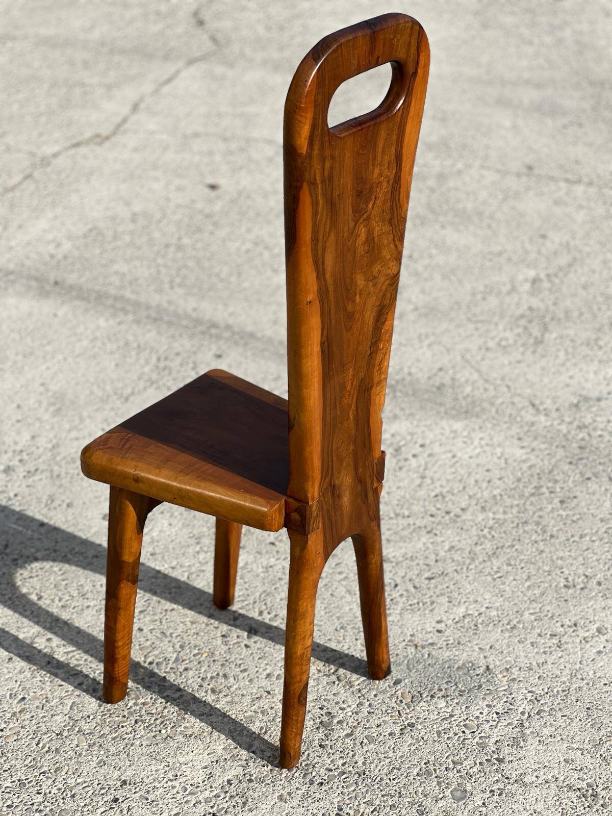 Sculptural high-back chair in solid olive wood, France, 1960s