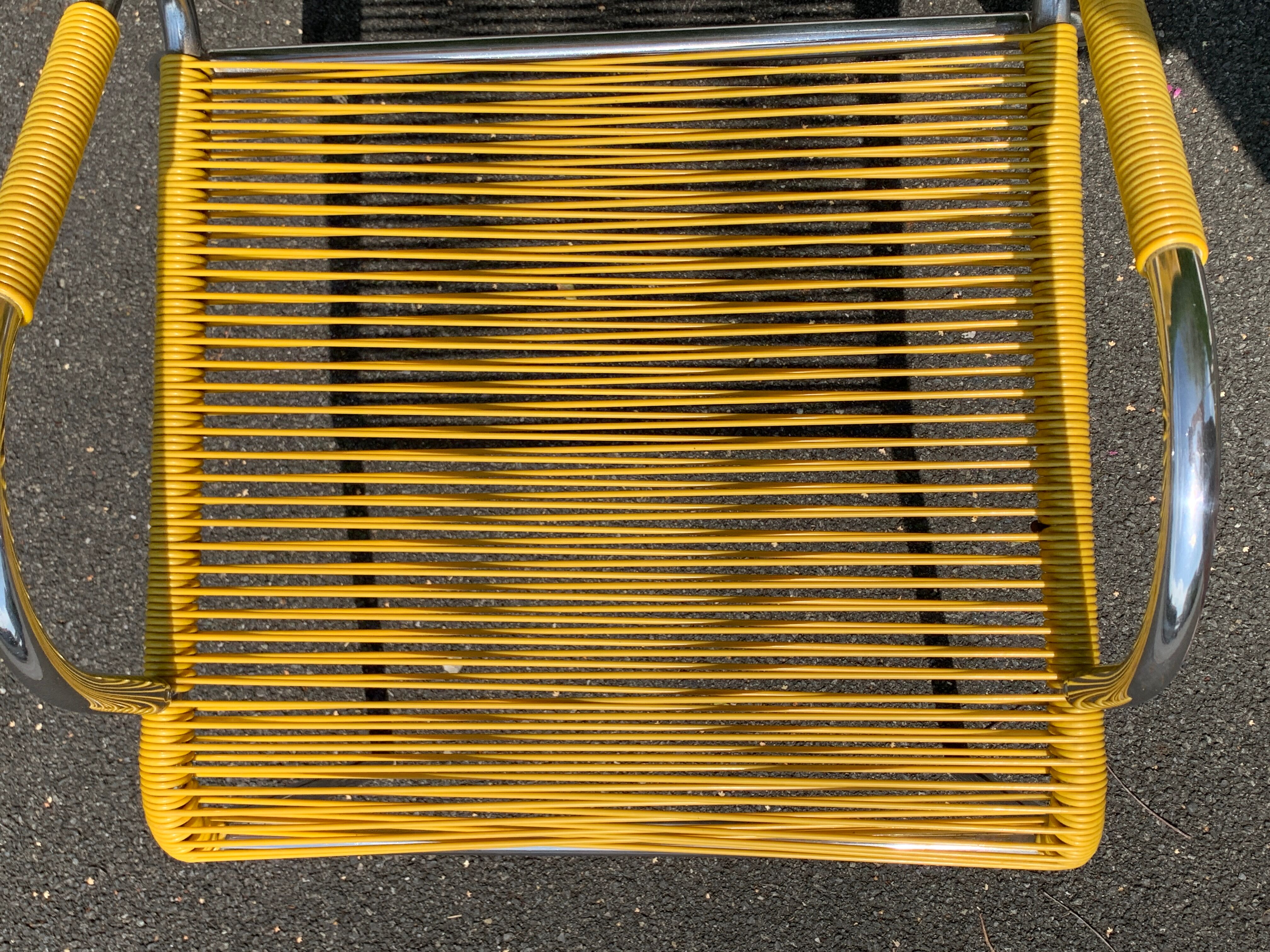 6 yellow and stackable armchairs, scoubidou by Dupré Perrin