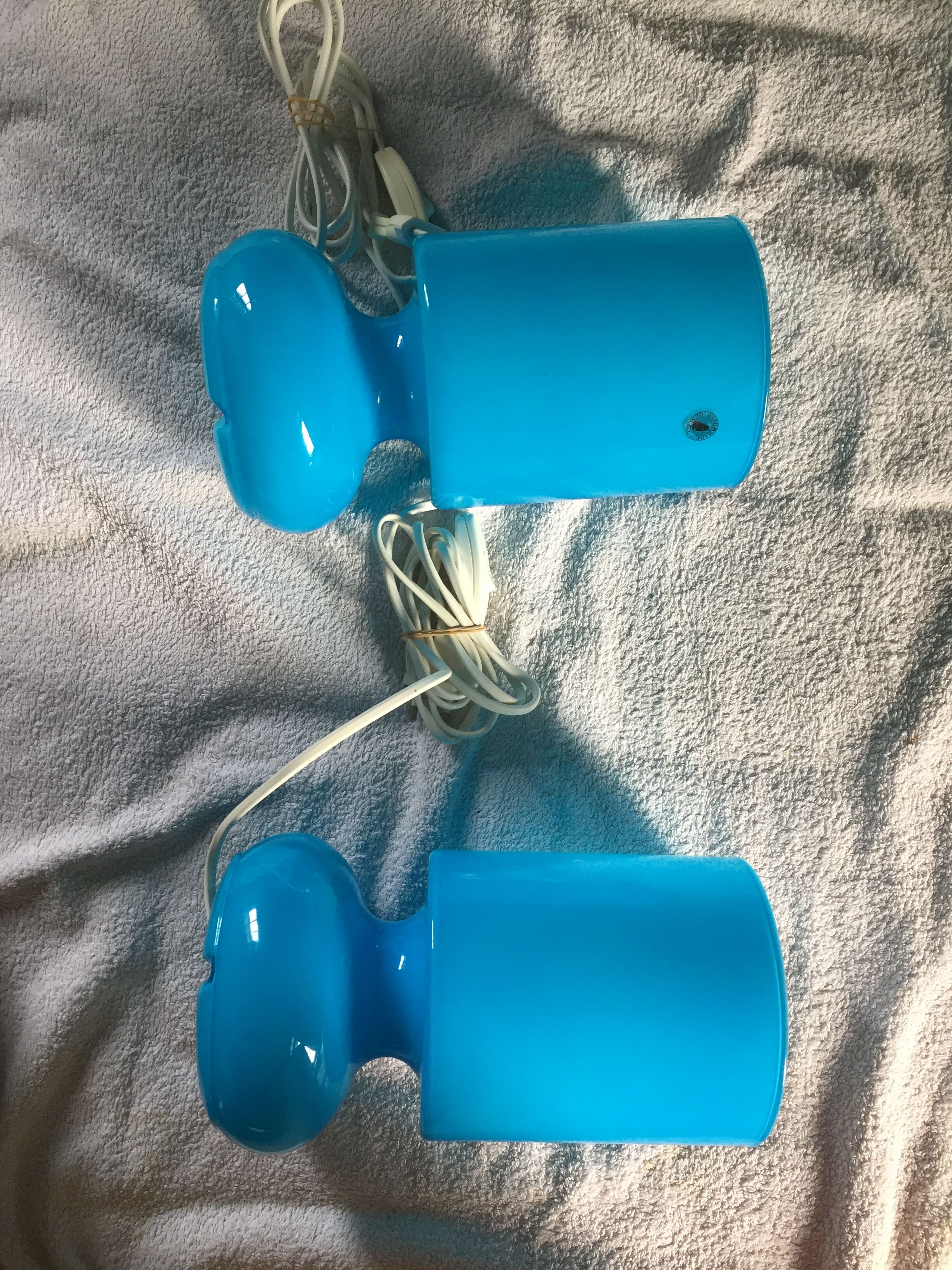 Two handmade IKEA 1980 blue glass candy lamps