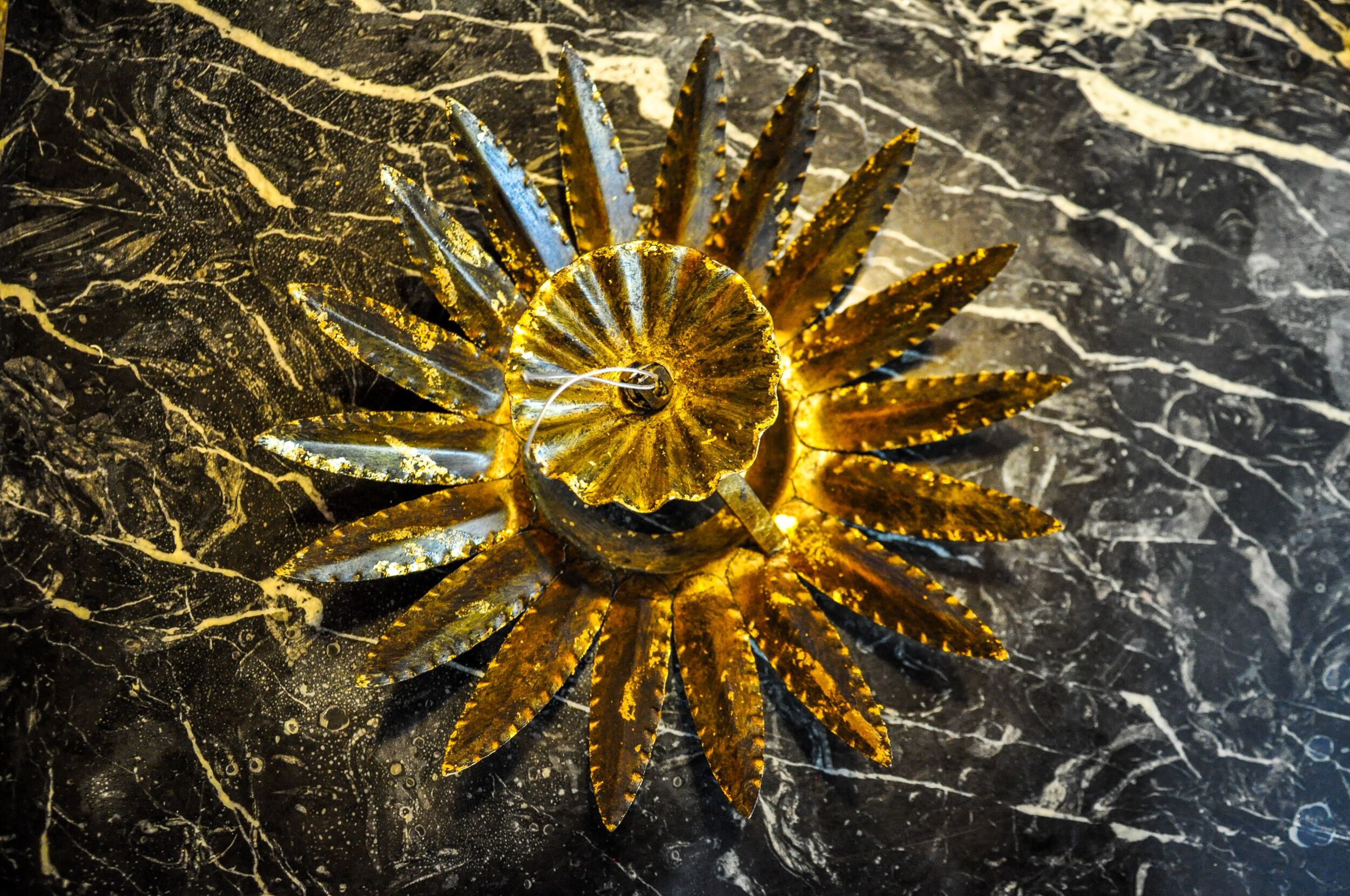 Sun wall lamp by ferro arte, metal and gold leaf, Spain, 1960