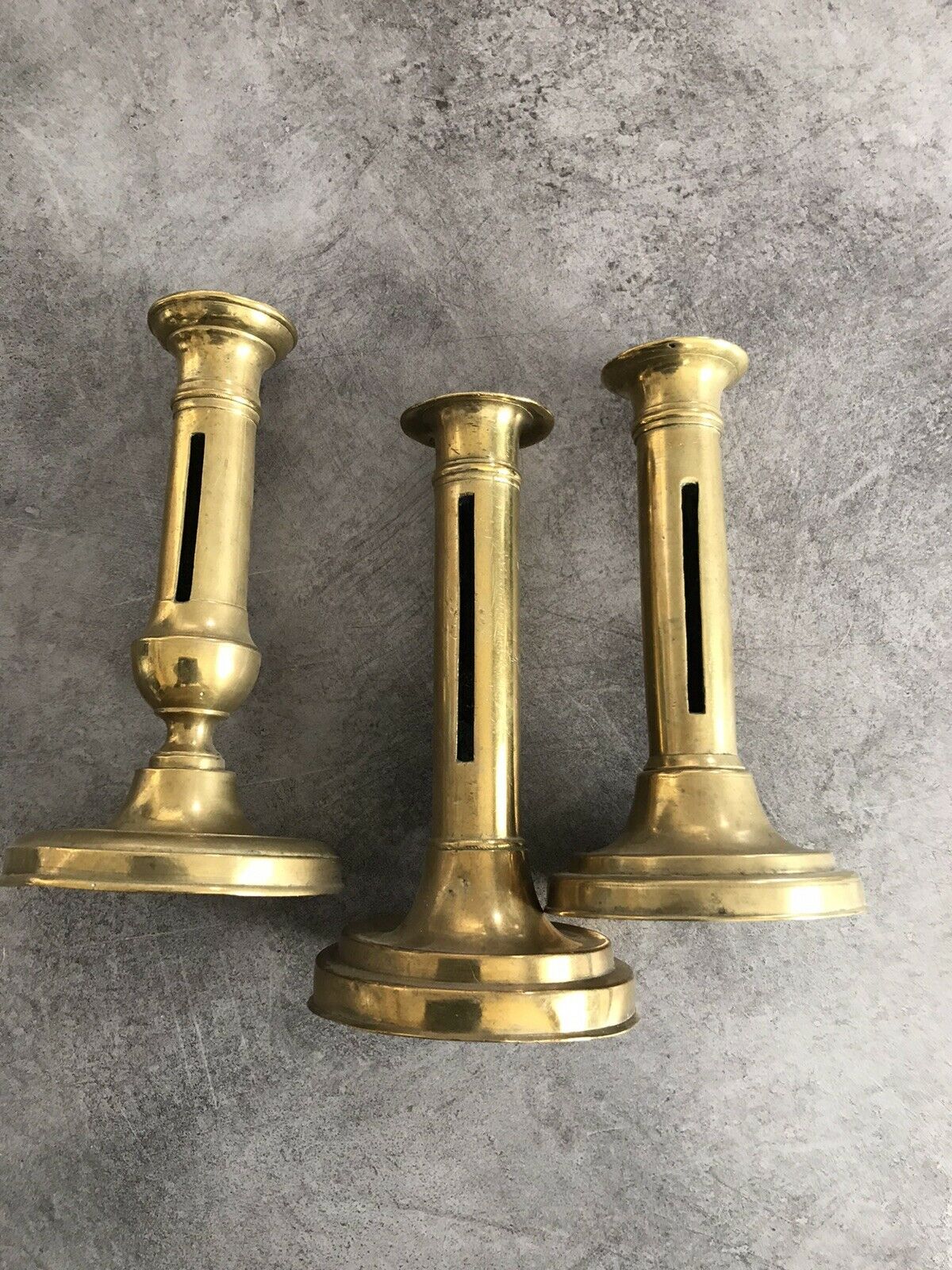Set of 3 old brass copper zipper candlesticks