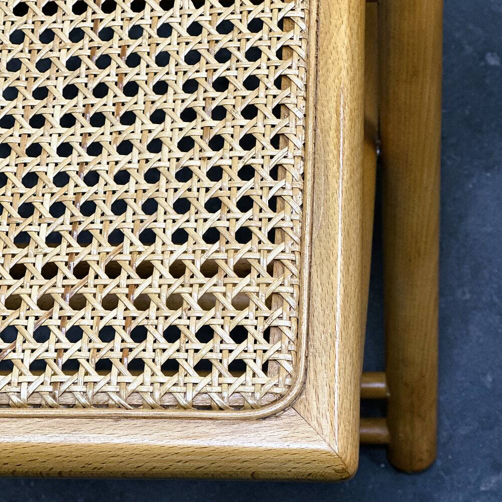 Rare set of four Belgian folding chairs in solid wood and hand-woven cane, mid-century