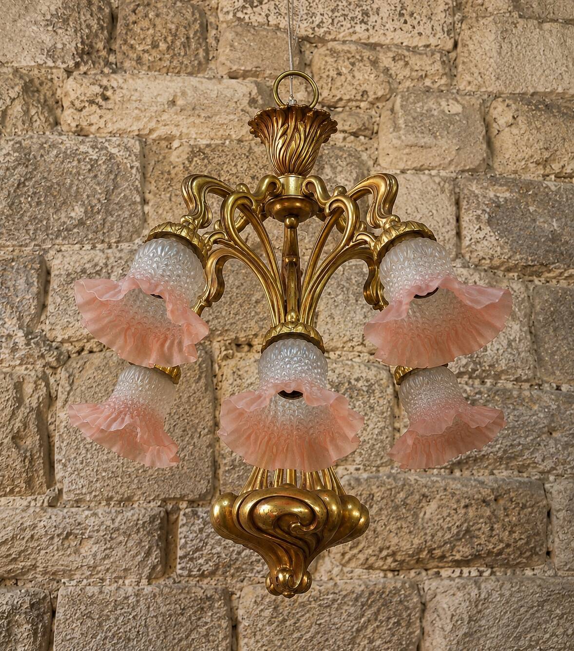 Art Nouveau bronze chandelier with five lights / Nancy school style