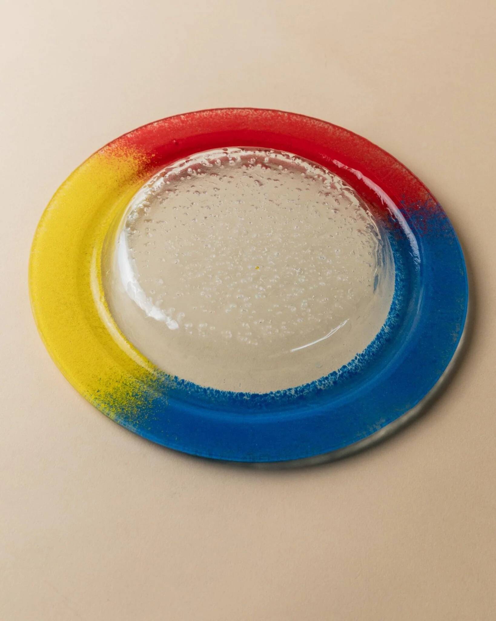 Vintage Murano glass bowl - blue, red, and yellow glass with bubbles - Italy 1980s - Pop Art design