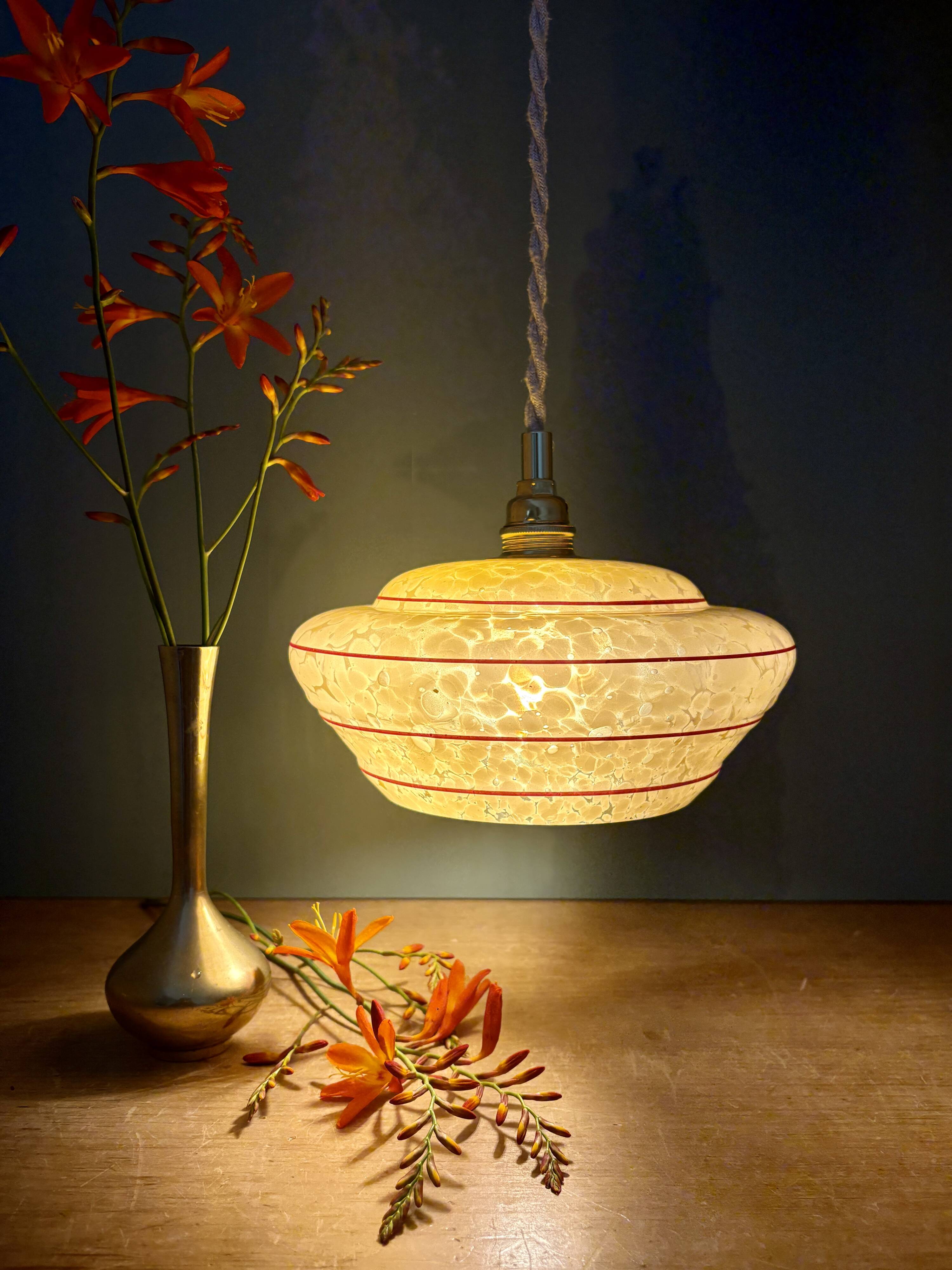 Vintage pendant lamp shade in yellow Clichy glass with red trim