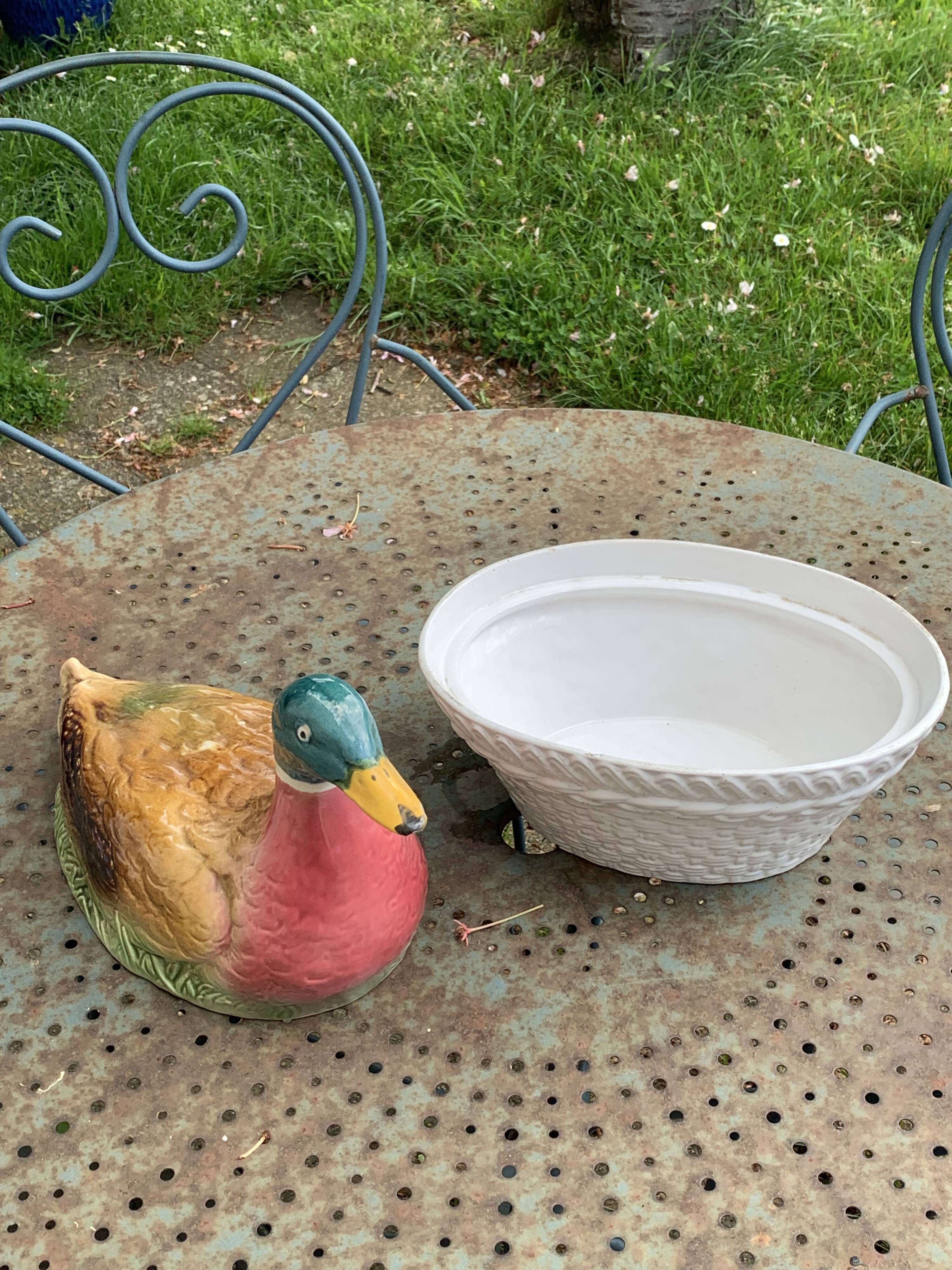 Charming Duck, slip, enameled ceramic terrine, white basket-shaped base and lid