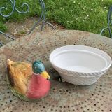 Charming Duck, slip, enameled ceramic terrine, white basket-shaped base and lid