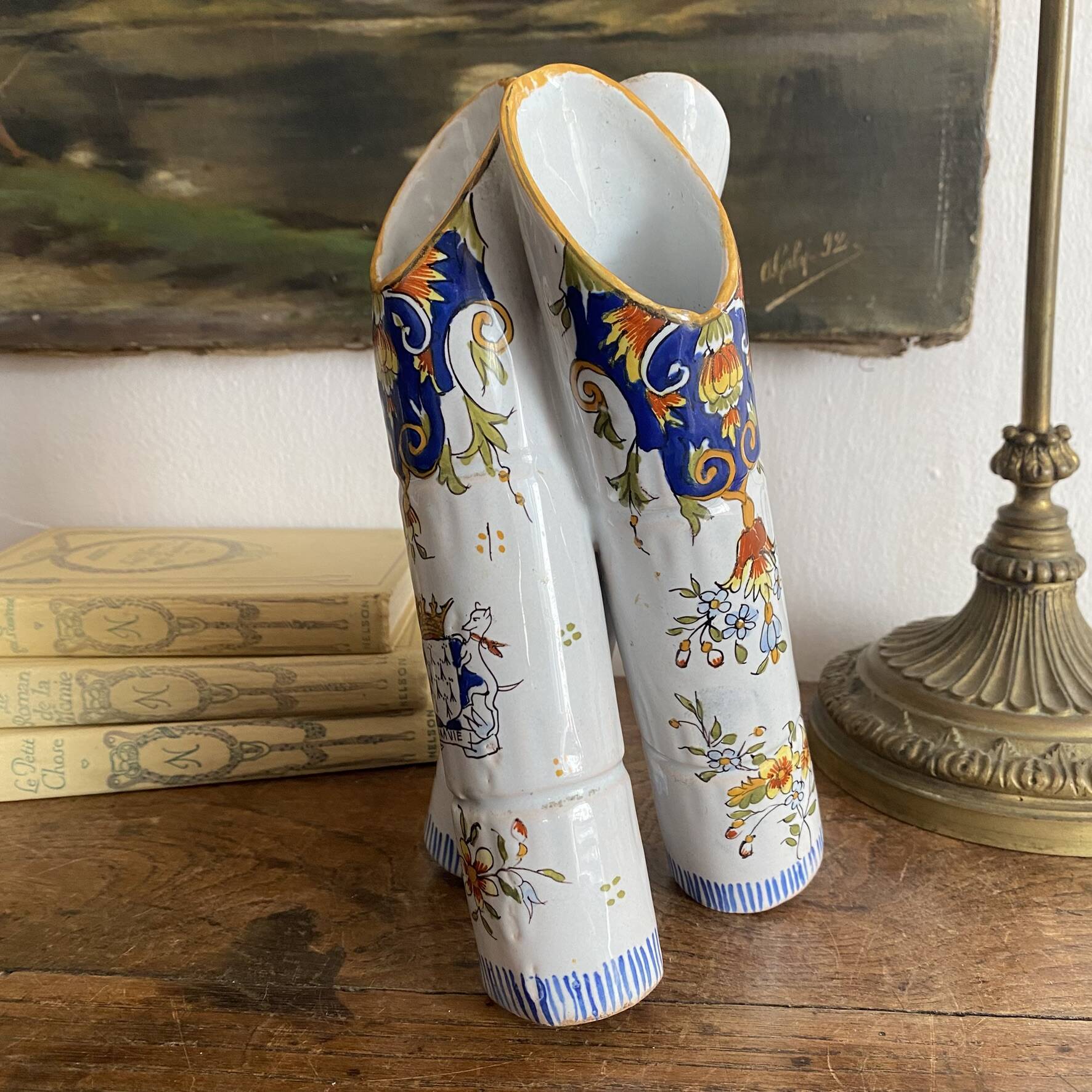 Triple vase in earthenware, 3 bamboo trunks hand-painted.