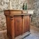 Antique French oak shop counter, kitchen island on wheels, circa 1880–1900.