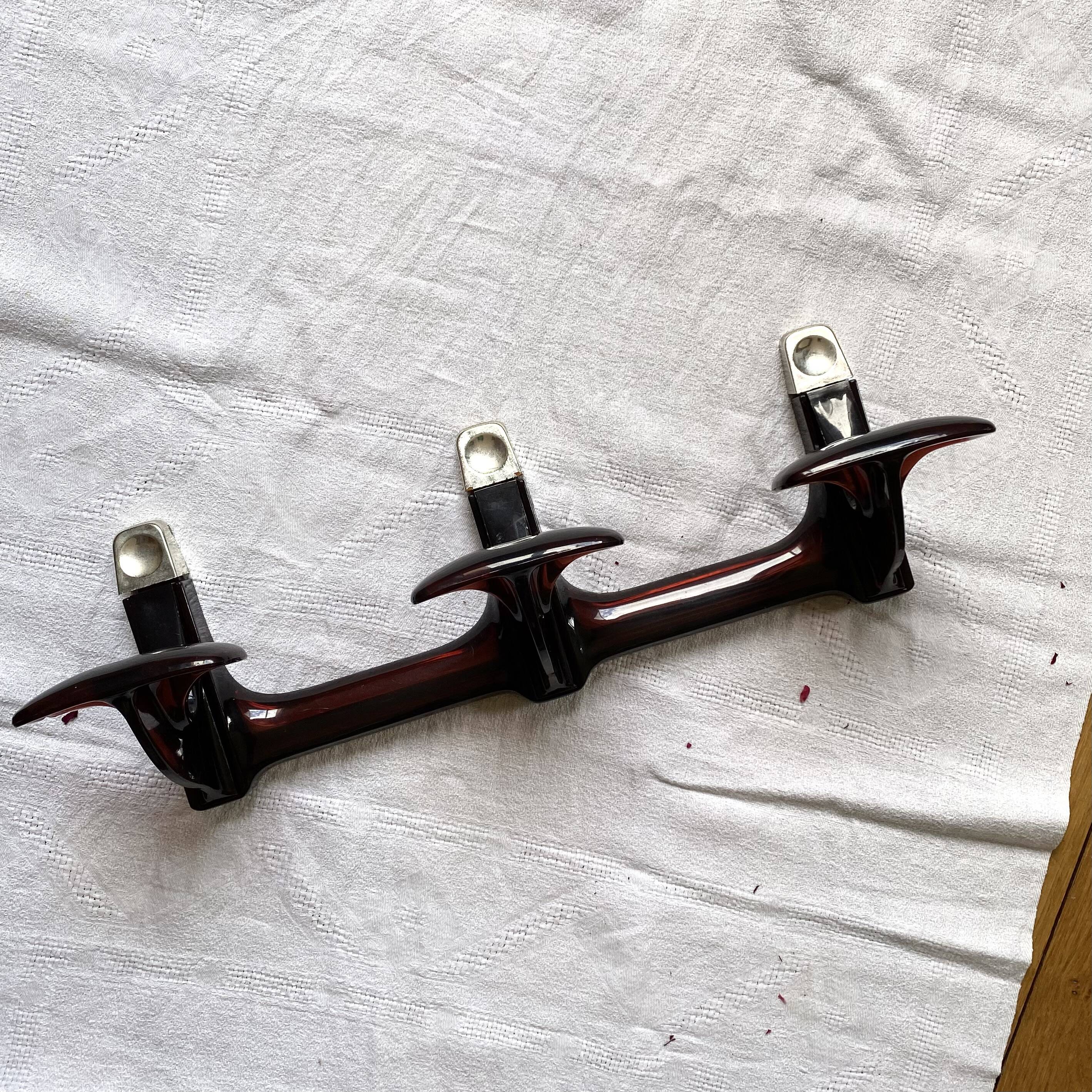 Antique towel rack, coat rack, 3 hooks in auburn purple plexiglass