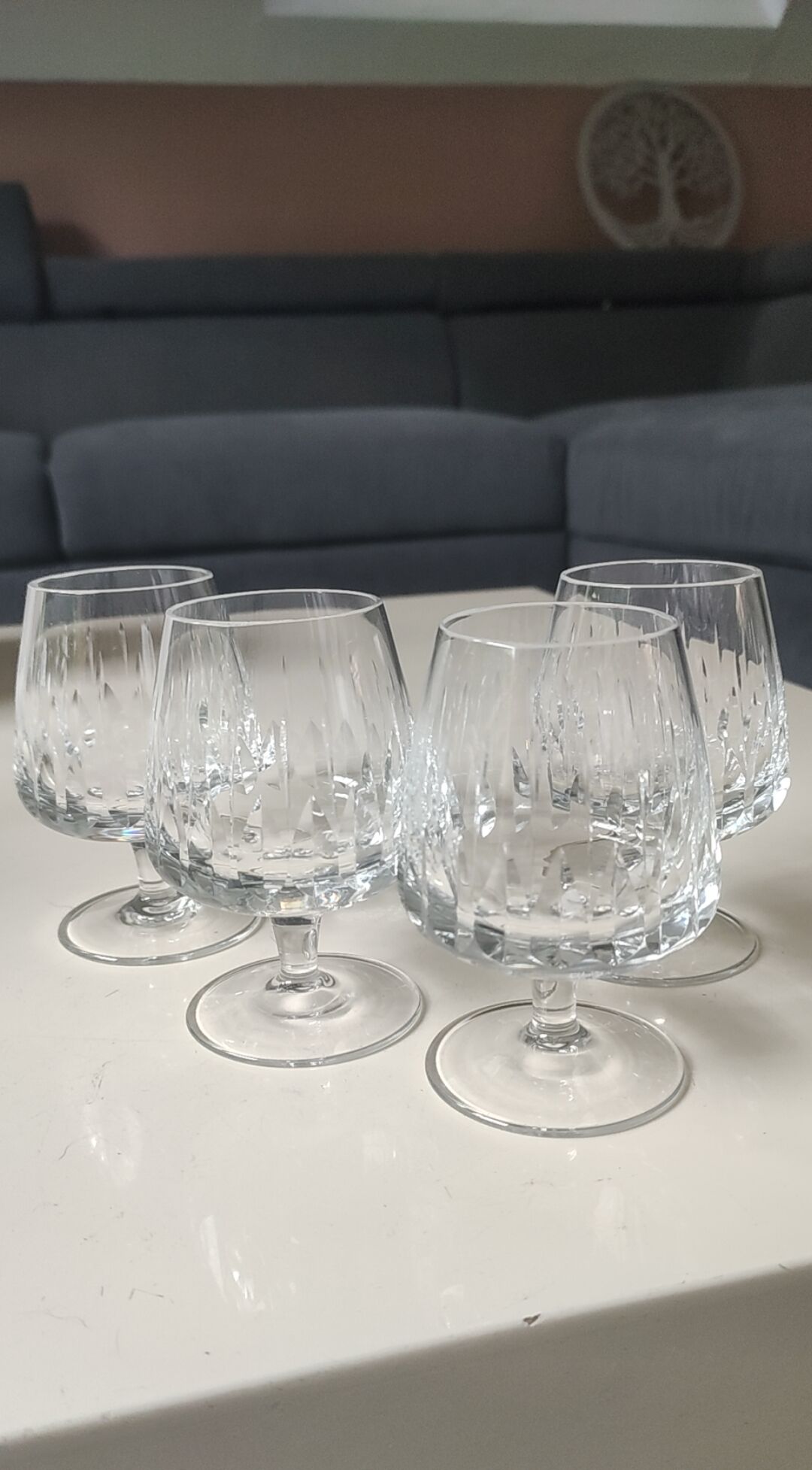 Lot 4 Glasses Cognac/Brandy. Trapezoidal. Drop/diamond point patterns.