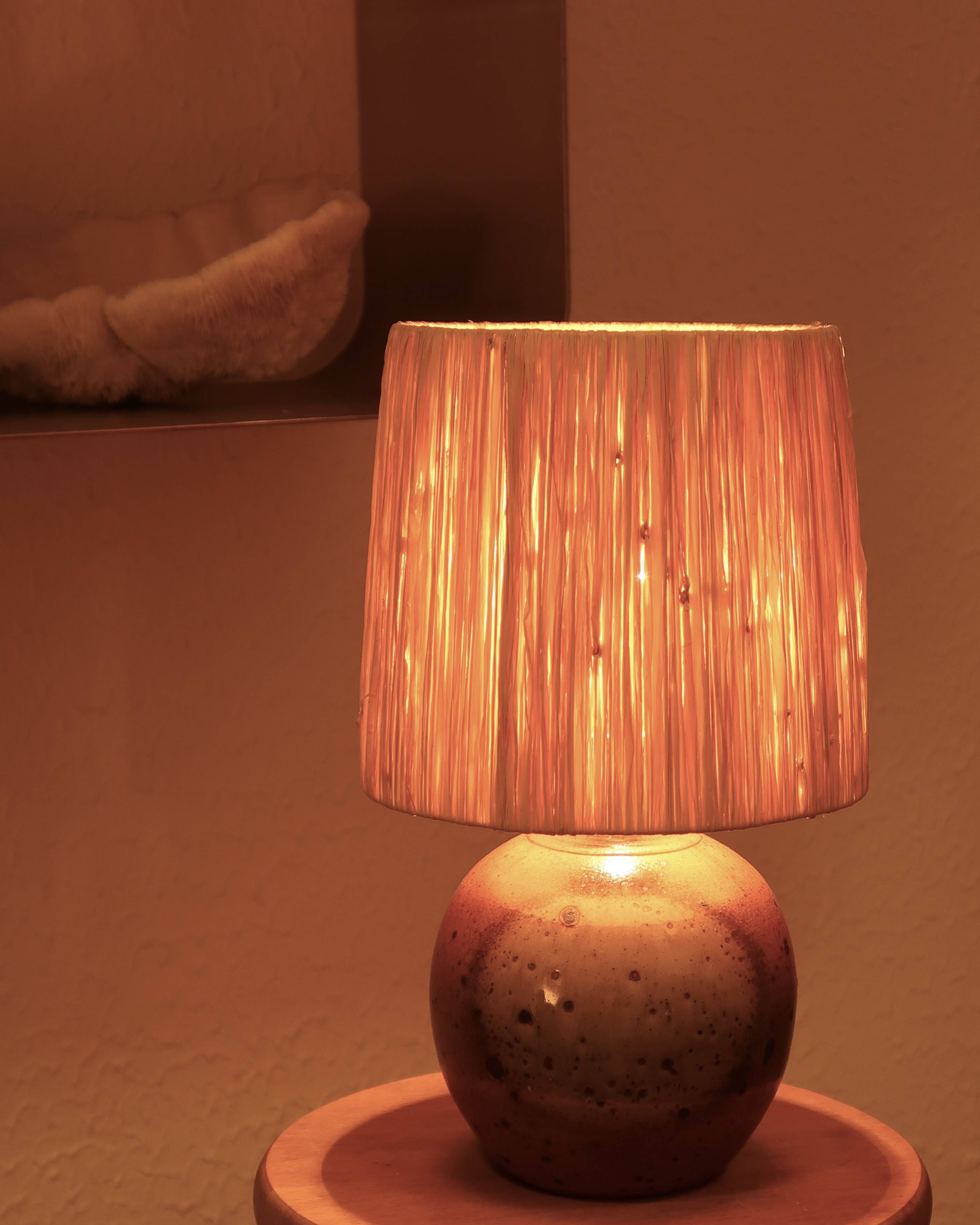 Sandstone lamp by Jacques Vilain, raffia lampshade, 70s ceramic