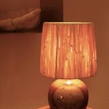 Sandstone lamp by Jacques Vilain, raffia lampshade, 70s ceramic