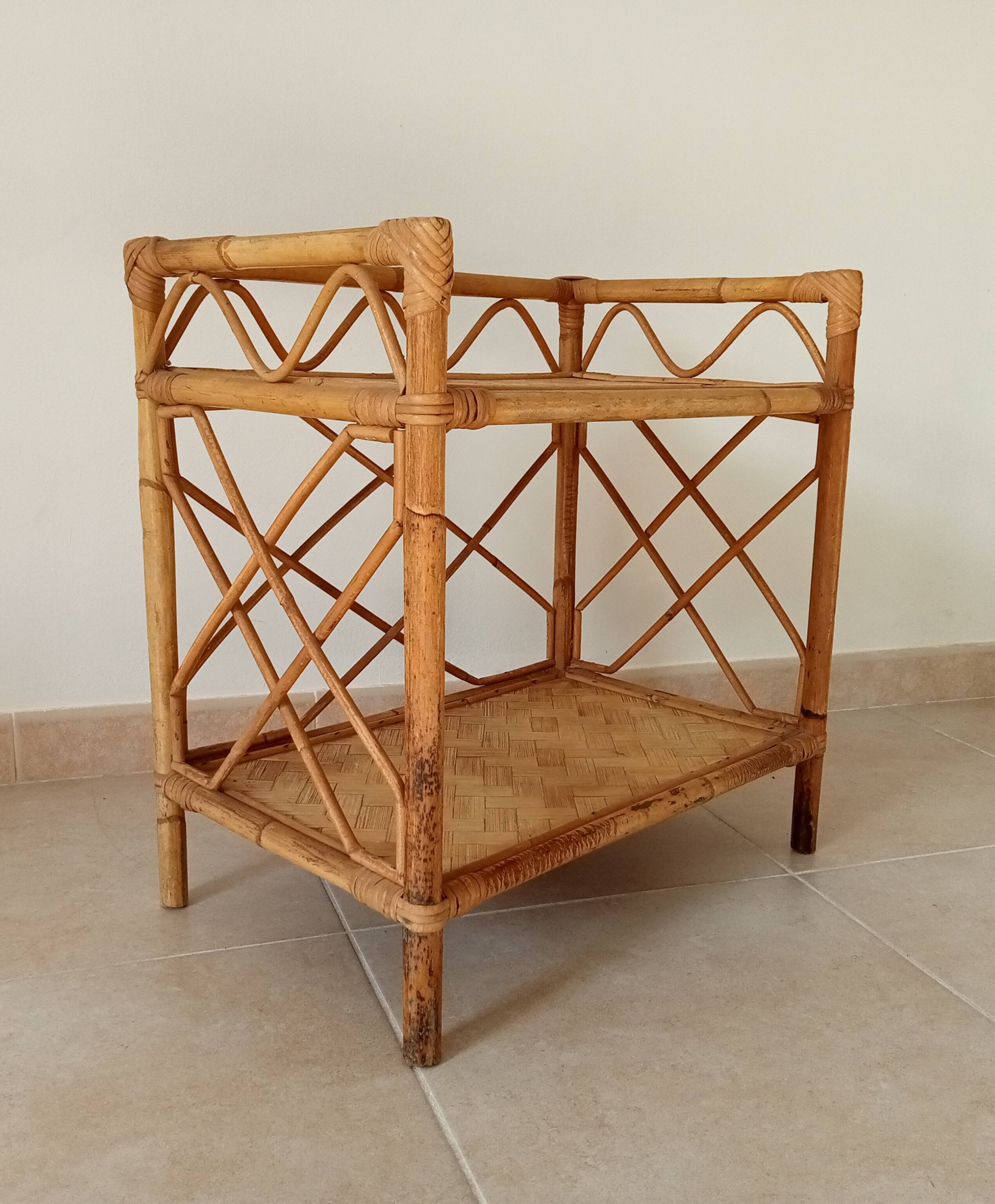 Bamboo and rattan shelf side table by Audoux and Minnet 1950s