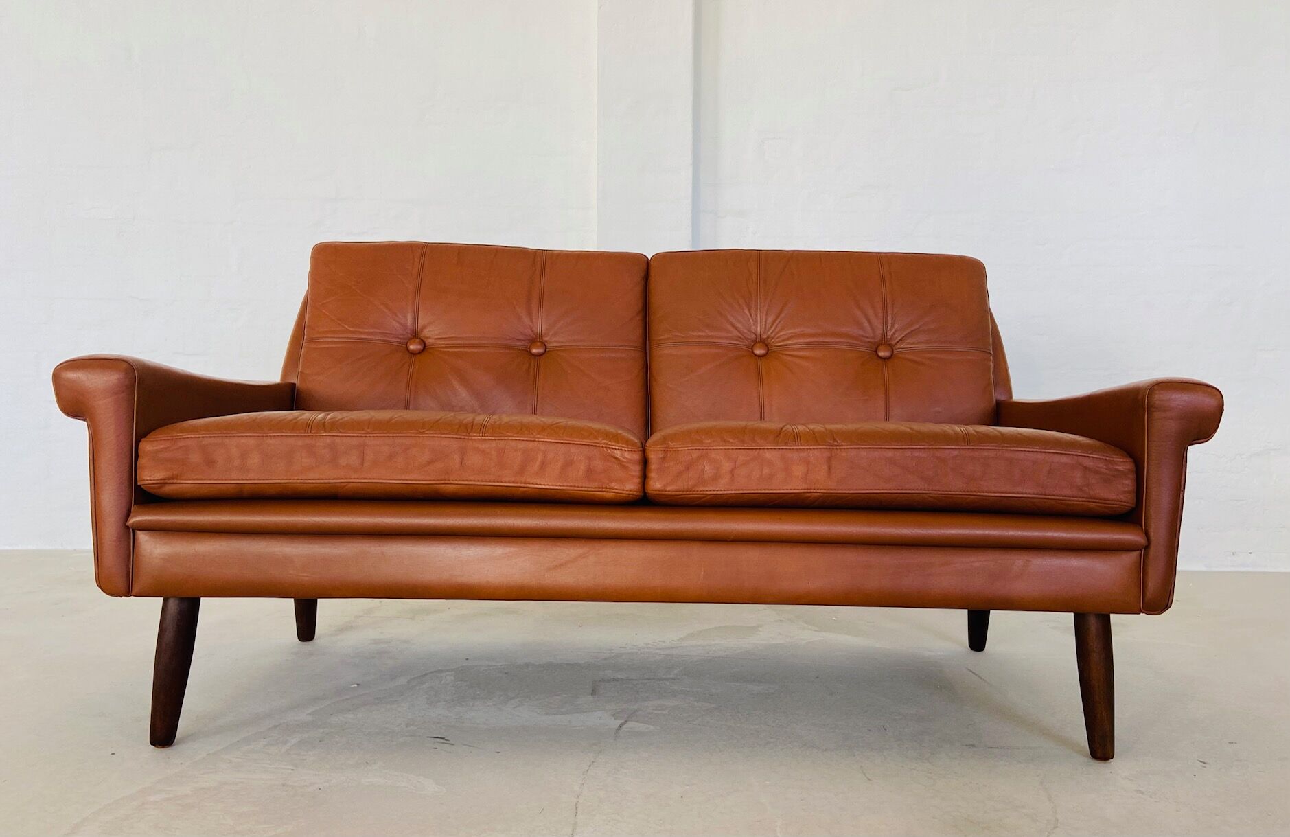 Vintage Danish mid-century Svend Skipper 2 person cognac leather sofa
