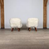 Early pair of arnold madsen clam chairs in curly sheepskin, madsen & schubell, 1944