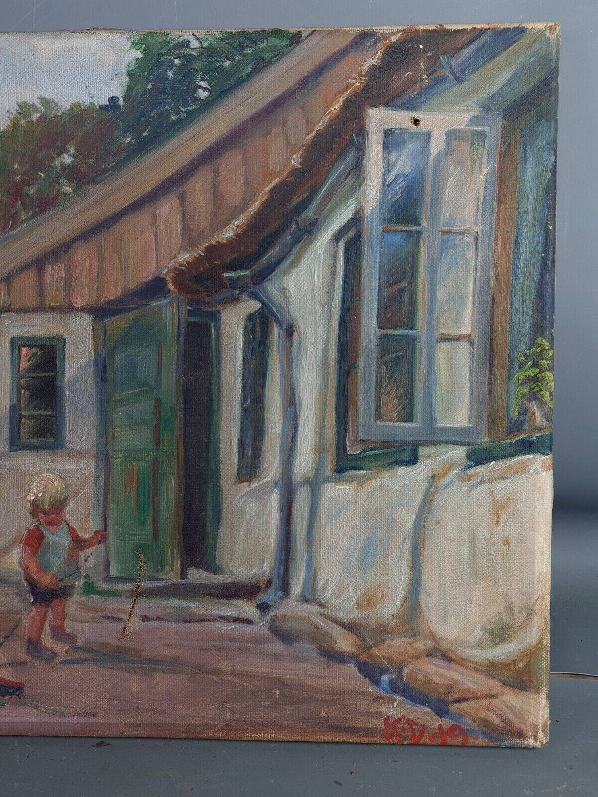 Old oil on canvas: Child playing in a courtyard, dated 1919 39x32.5 cm SB