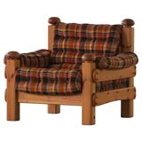 Brutalist lounge chair in solid pine, Swedish modern, made in the 1970s.