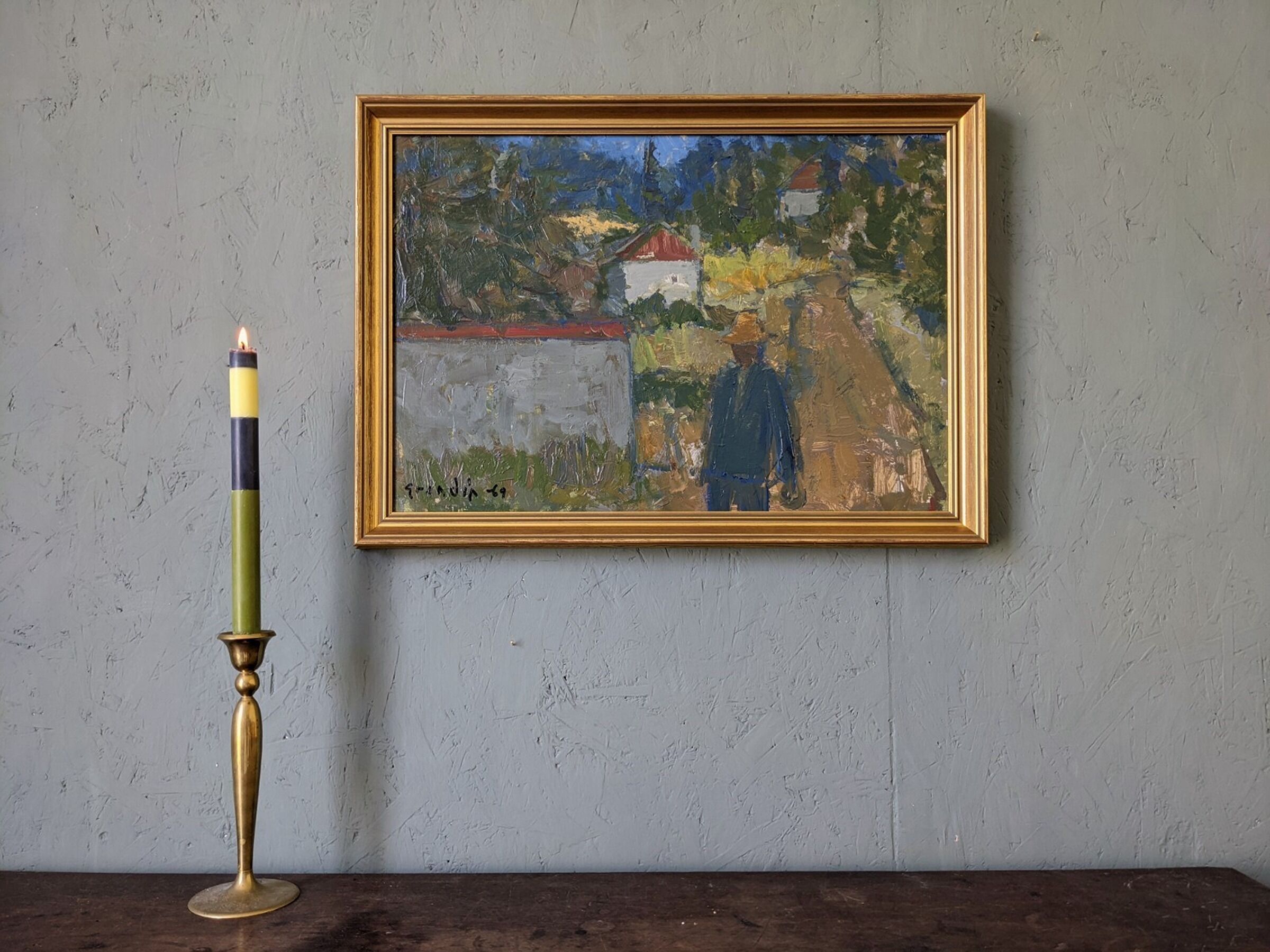 Mid-century modern swedish "forest houses", vintage abstract street scene framed oil painting