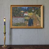 Mid-century modern swedish "forest houses", vintage abstract street scene framed oil painting