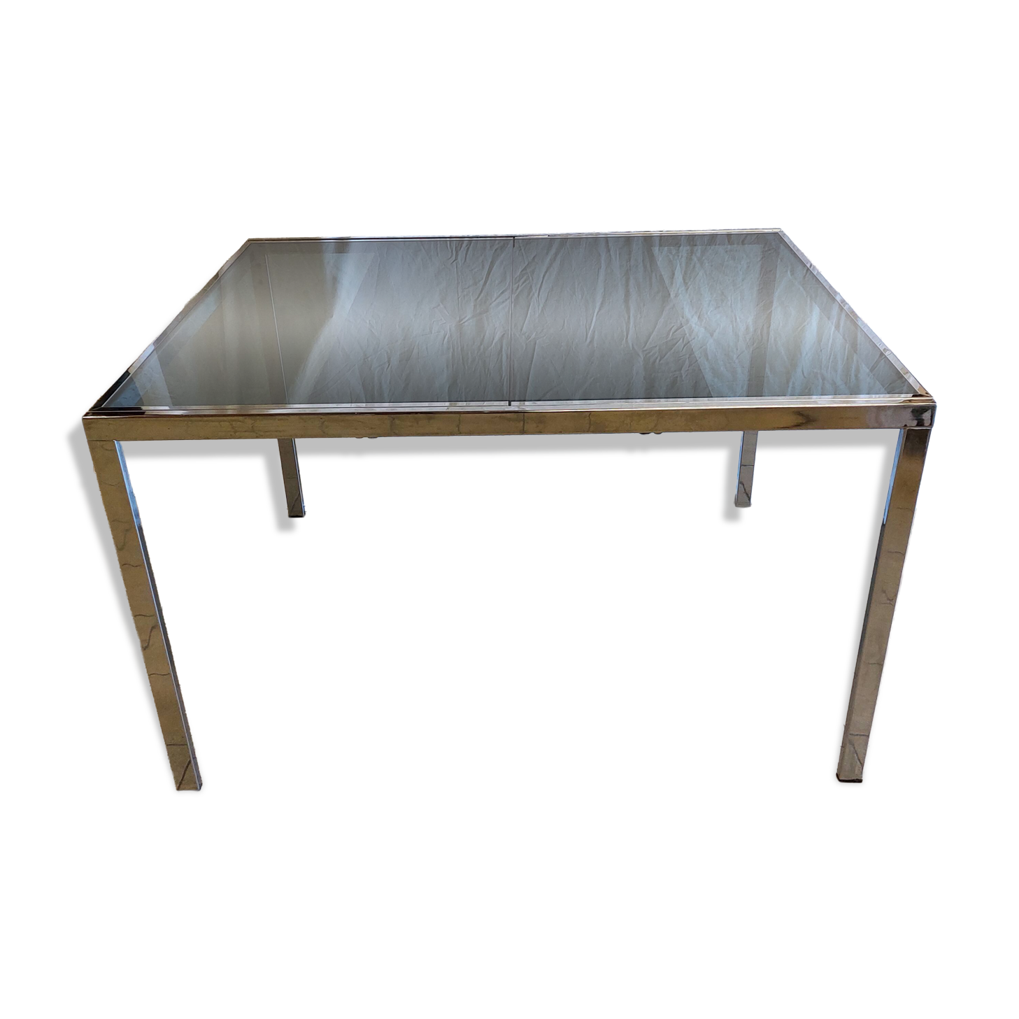 Table vintage extensible verre teinté et chrome Milo Baughman - Années 70
