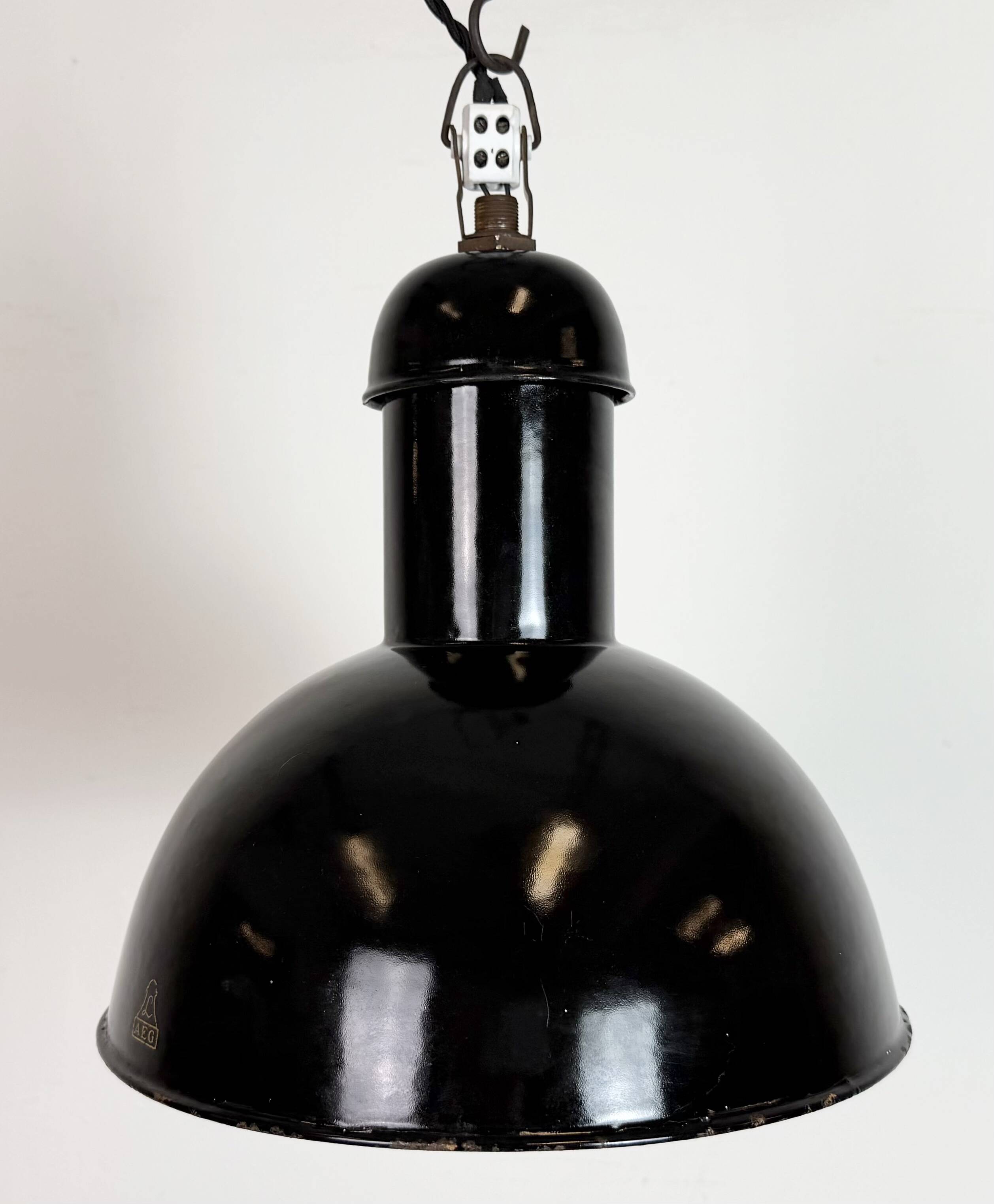 Black Enamel Industrial Pendant Lamp from AEG, 1930s