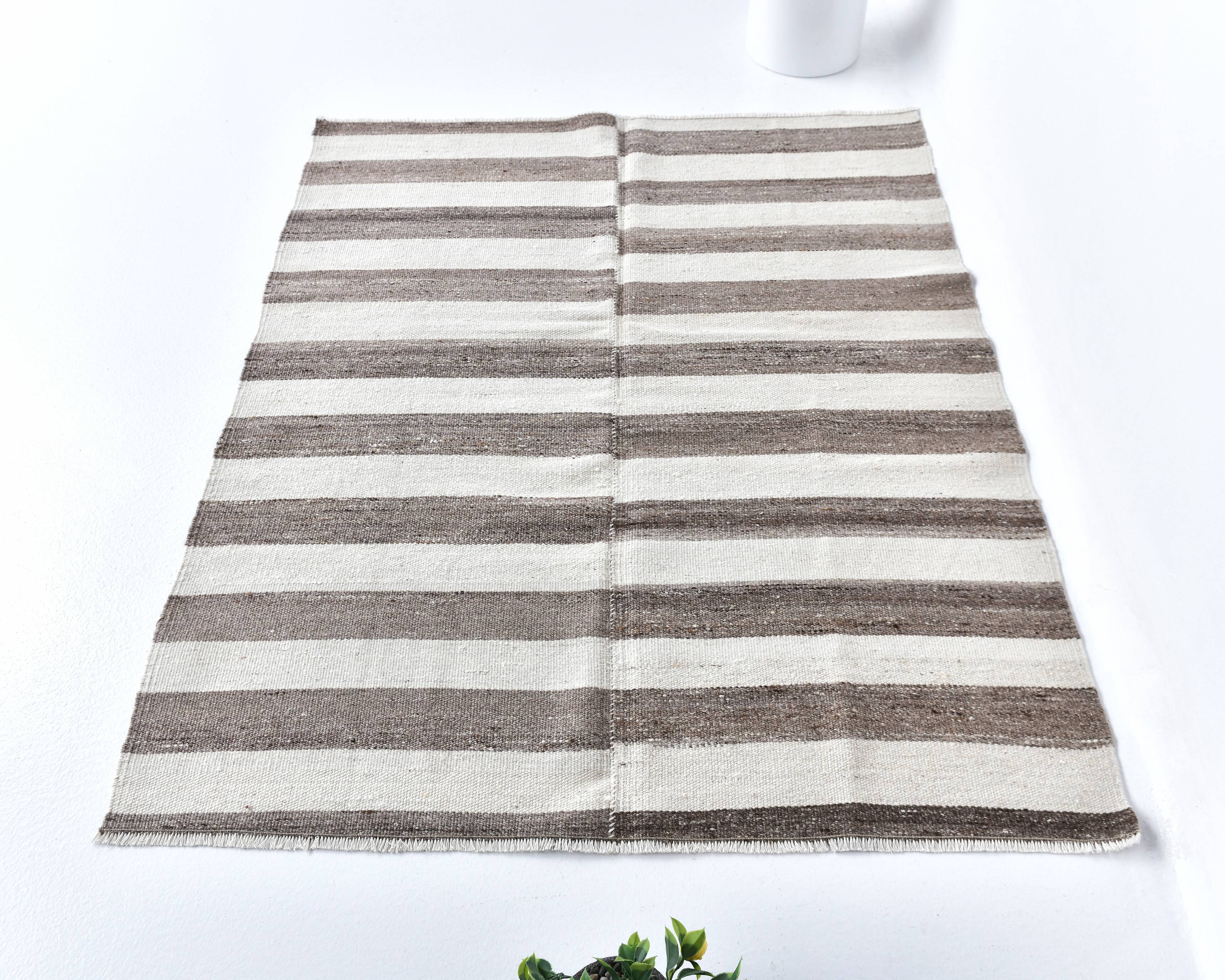 brown cream kilim carpet 120x140 cm, wool washabele rug , organic rug