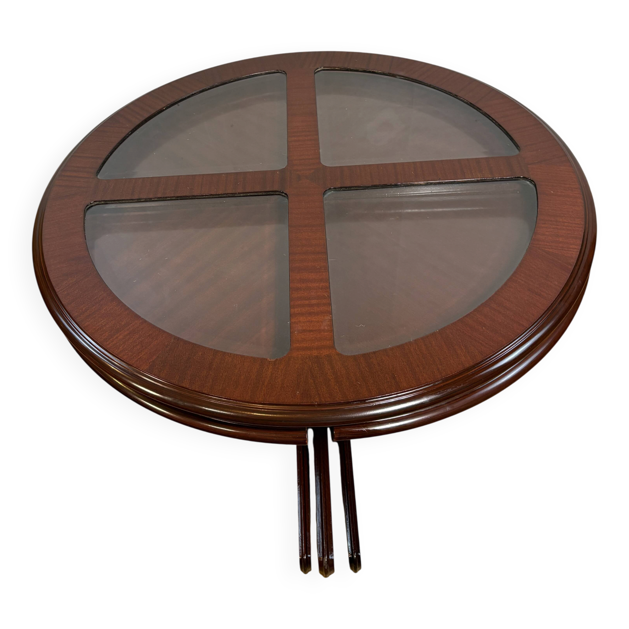Vintage G-Plan Round Coffee Table & 4 Nested Stools | 1970s | Mahogany & Gl