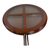 Table basse ronde vintage G-Plan et 4 tabourets empilables | Années 1970 | Acajou et verre