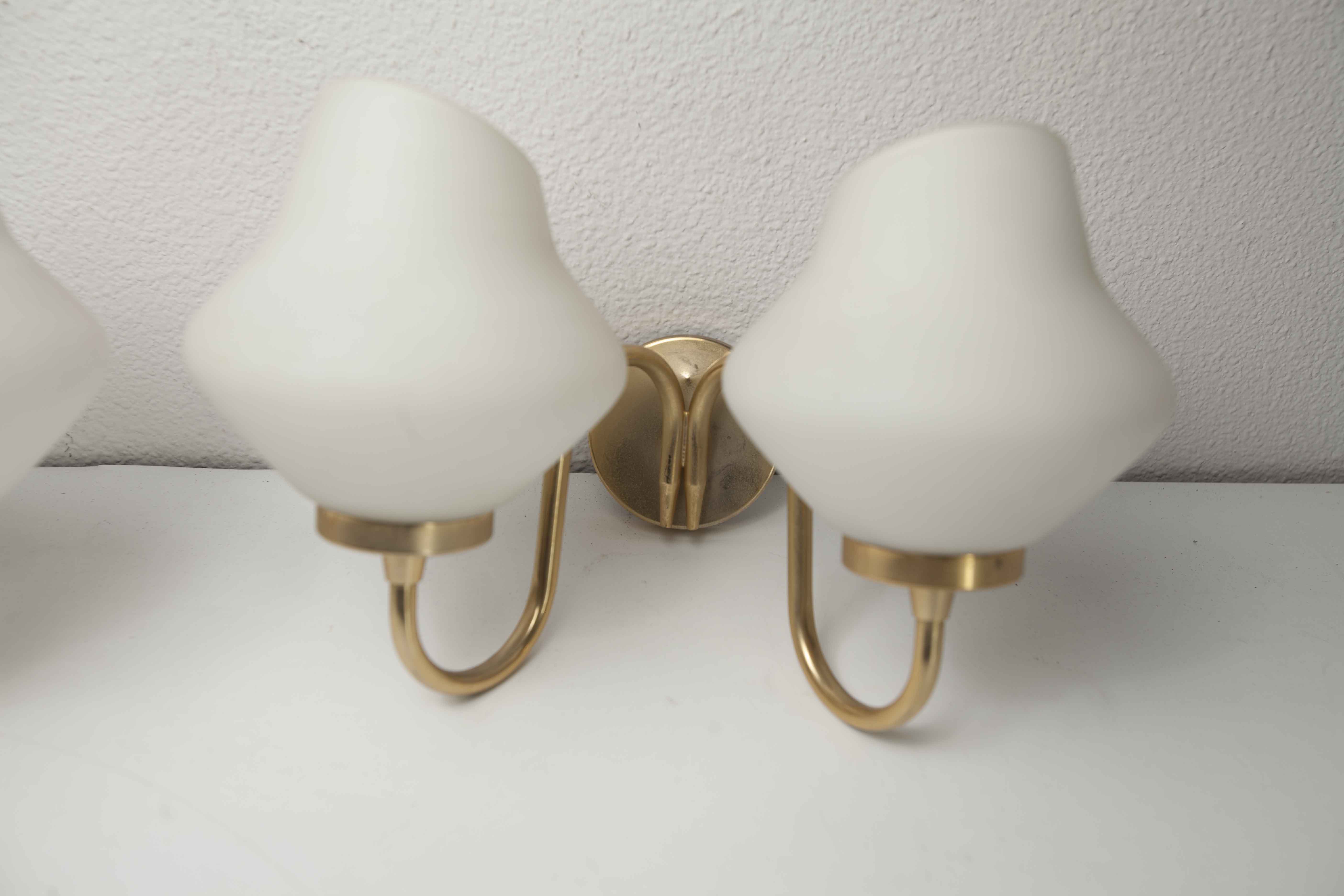 Pair of 60s brass and opaline sconces