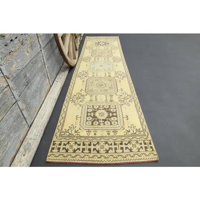 1970s Turkish Oushak Handmade Wool Cotton Yellow Runner 86x335