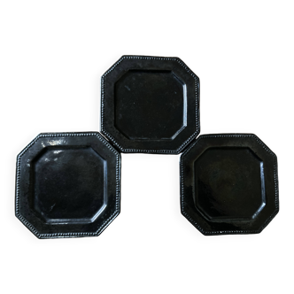 Set de 3 assiettes terre vernissée octogonales perles Biot 1950