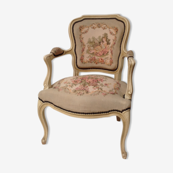 Light wood convertible and tapestry chair, Louis XV style