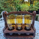 Service de 6 verres vintage ambrés avec porte-verres en bois