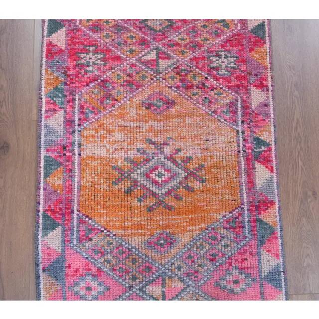 Vintage Turkish Oushak Handmade Cotton Pink Wool Runner Rug 79x362