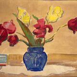 Tableau ancien, nature morte aux tulipes, années 70-80