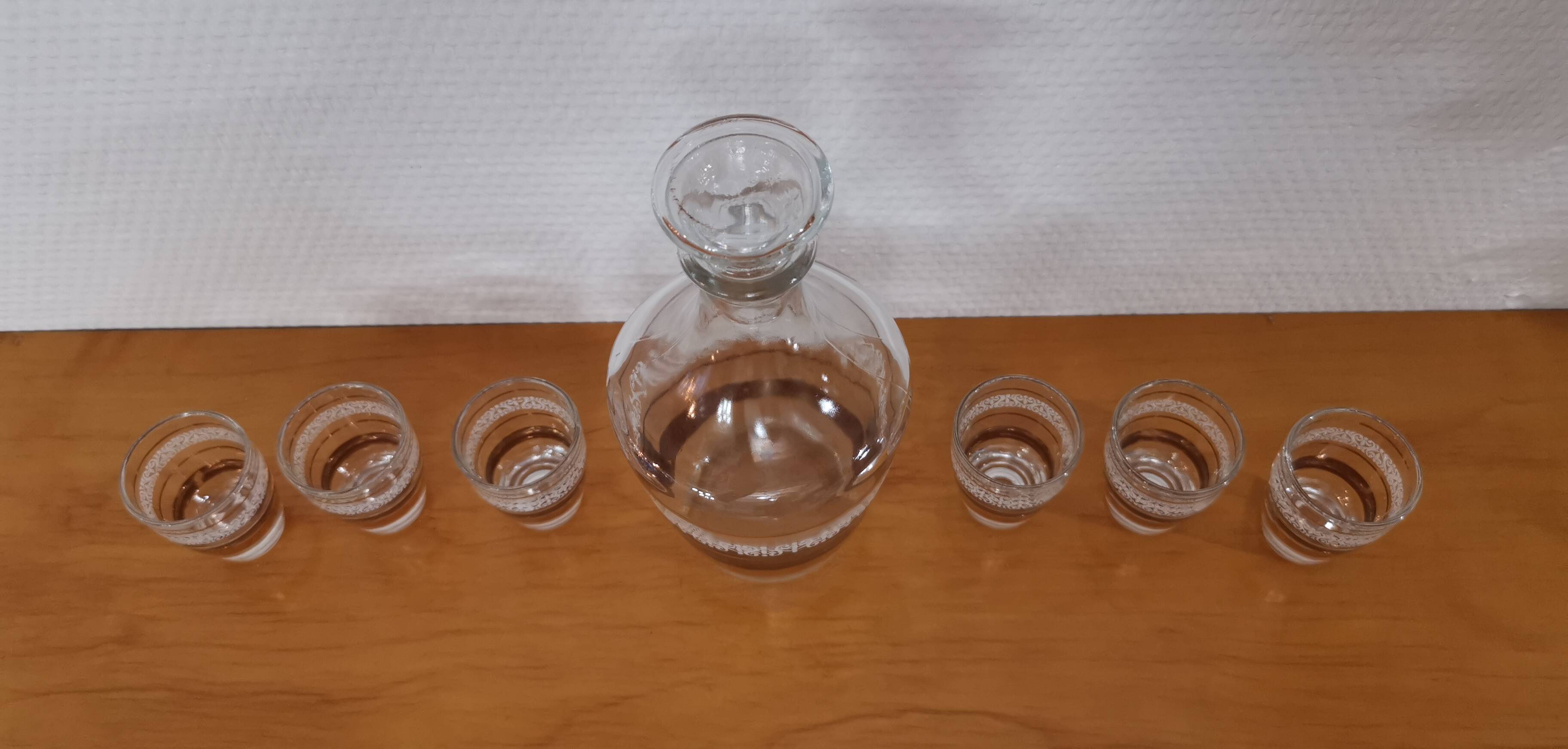 Complete Arques crystal liqueur service, carafe and glasses