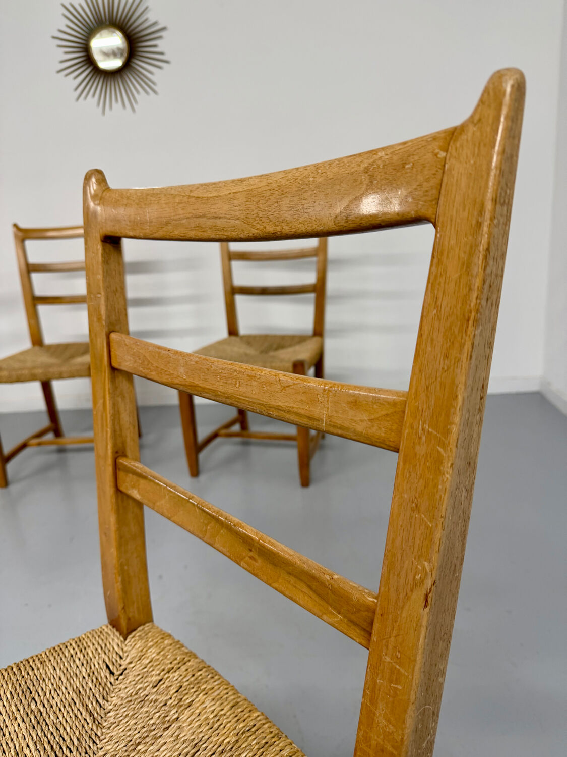 Set of 5 wooden chairs with rope seats, Scandinavian design, 1970s